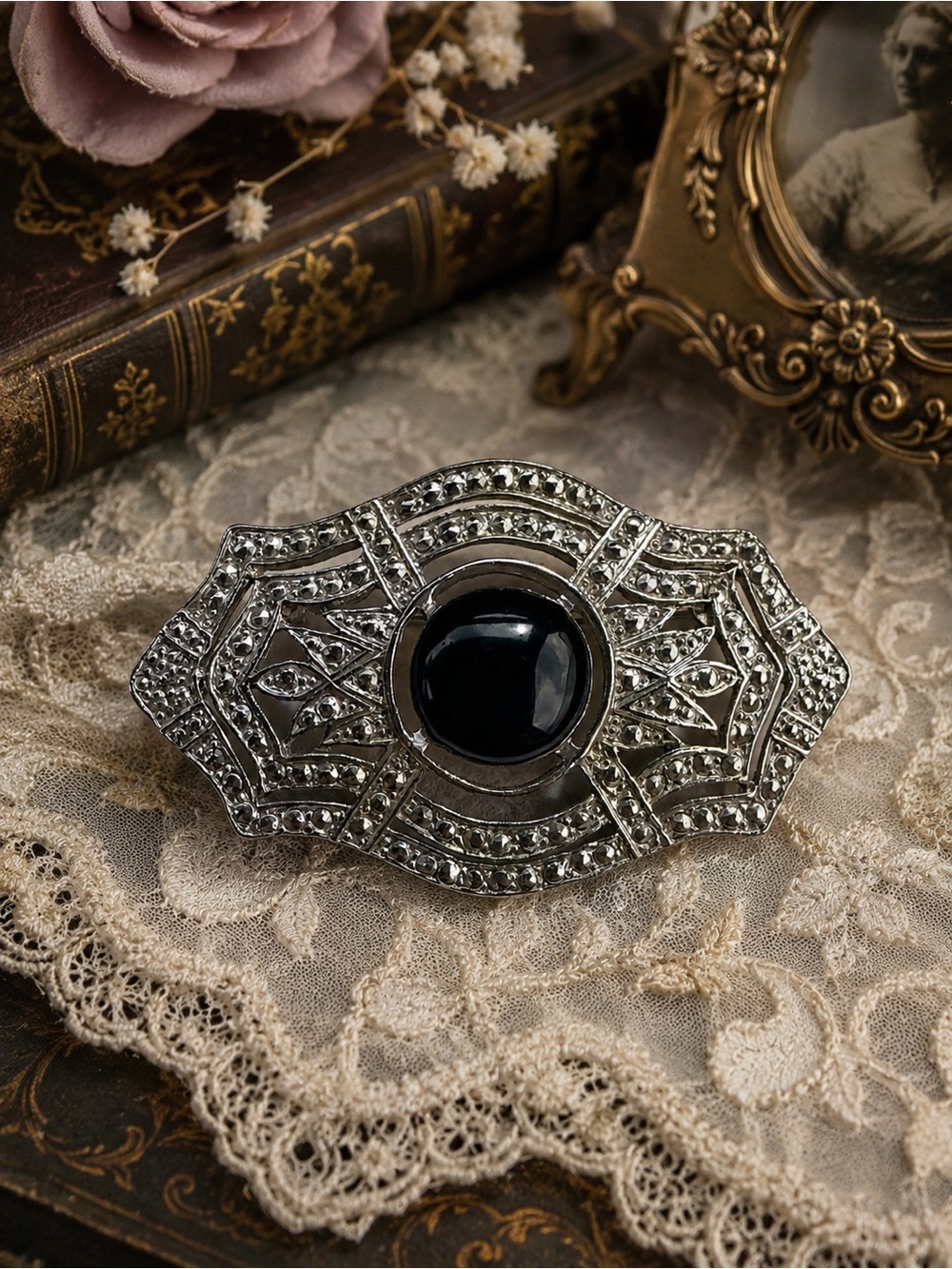 Victorian Style Black Cabochon Rhinestone Faux Marcasite Silver Tone Brooch Pin